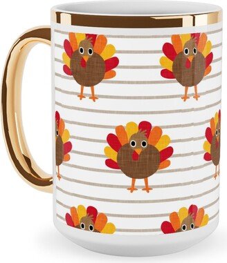 Mugs: Cute Thanksgiving Turkey - On Khaki Stripes Ceramic Mug, Gold Handle, 15Oz, Orange