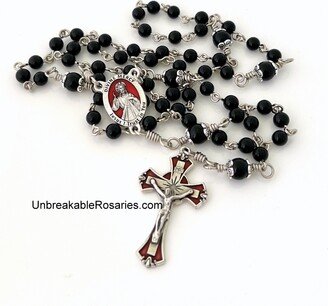 Rosary Beads Divine Mercy Of Jesus, Sister Faustina Onyx W Red Enamel Italian Medals By Unbreakable Rosaries