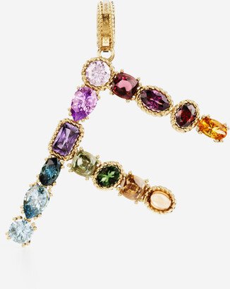 Rainbow alphabet F 18 kt yellow gold charm with multicolor fine gems-AA