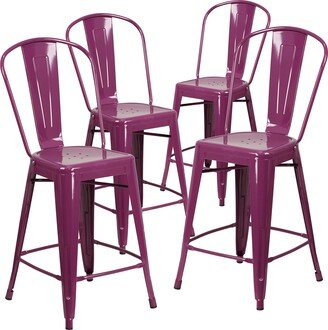 Blake Commercial Grade 4 Pack 24 High Purple Metal Indoor-Outdoor Counter Height Stool with Back