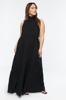 Women's Poplin Halter Tiered Maxi Dress in Black, 0X
