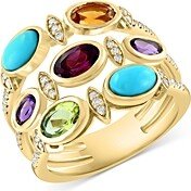 Turquoise, Amethyst, Citrine, Rhodolite, Peridot & Diamond Triple Row Ring in 14K Yellow Gold - 100% Exclusive