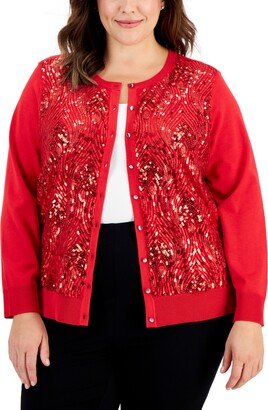 Plus Size Sequin Button-Front Long-Sleeve Cardigan, Created for Macy's