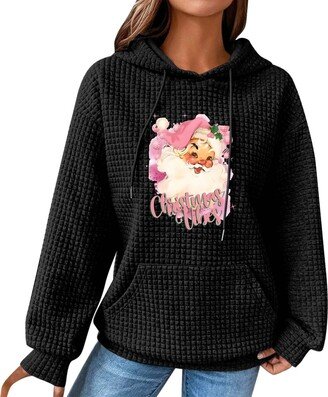 Generic Christmas Sweatshirts for Women Funny Christmas Patterns Printed Drawstring Hoodie Long Sleeve Tops with (b-Black