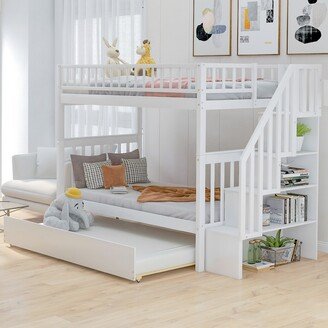 NOVABASA Twin over Twin Wooden Bunk Bed with Trundle and Storage