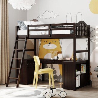 EDWINRAY Twin Size Loft Bed with Desk & Drawers for Kids Teens, Girls Boys Bedroom, Solid Wood Loftbed Frame w/Shelves & Cabinet,Espresso