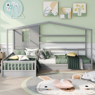 Calnod Twin Size L Structure House Bed, 2 Twin Solid Bed with Fence and Slatted Frame, Wood 2 Beds in 1 for Kids Teens Aldults Bedroom-AA