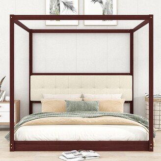 NOVABASA King Size Wooden Canopy Platform Bed with Upholstered Headboard,Espresso