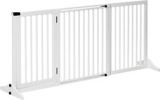 Adjustable Wooden Pet Gate, Freestanding Dog Fence for Doorway Hall, 3 Panels w/ Safety Barrier Lockable Door, White, 44.5-65.25L x 14.25H