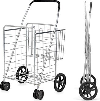 Slickblue Folding Shopping Cart for Laundry with Swiveling Wheels and Dual Storage Baskets