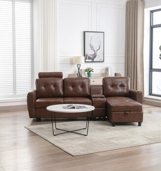 GREATPLANINC L-shape Sectional Sofa Set Chaise Sofa Set with Arms & Cupholder, Brown PU