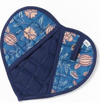 Handmade, Block Printed Blue Floral Pattern, Heart Shaped Pot Holder, Potholders, Holder For Pots & Pans, Placemats, Valentines Gift Her