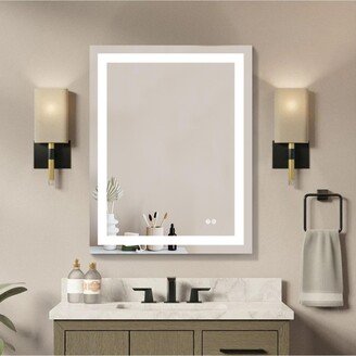 Simplie Fun 28x36 Inch Led Lighted Bathroom Mirror with 3 Colors Light, Wall Mounted Bathroom Vanity Mirror with Touch Button, Anti-Fog Dimmable Bathroom Mirror (