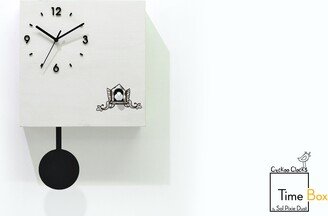 Modern Cuckoo Bird Time Box Clock - White Chalk Laser Engrave Wall Mount Pendulum Contemporary Deco Charming Stylish