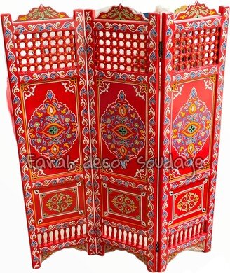 Moroccan Room Divider Made Of Wood, Handmade Red Moorish Room Divider Hand Painted Screen Floding