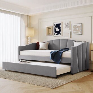 TOSWIN Upholstered Daybed Sofa Bed Twin Size Elegant Velvet Headboard & Two Armrests with Pull-out Trundle Bed and Wood Slat Frame