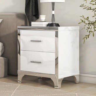 TiramisuBest Elegant High Gloss Nightstand with 2 Drawers and Metal Handle