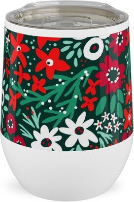 Travel Mugs: Rustic Floral - Holiday Red And Green Stainless Steel Travel Tumbler, 12Oz, Green