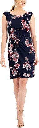 Petites Womens Floral Print Knee Sheath Dress