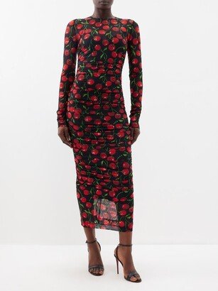 Cherry-print Ruched-tulle Midi Dress