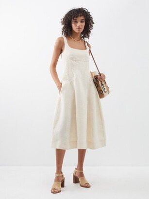 Square-neck Corseted Linen Midi Dress