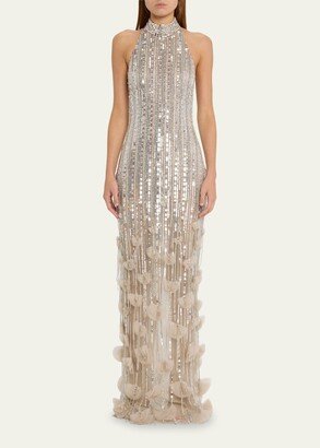 Sequin-Embellished Halter Gown with Tulle Petals