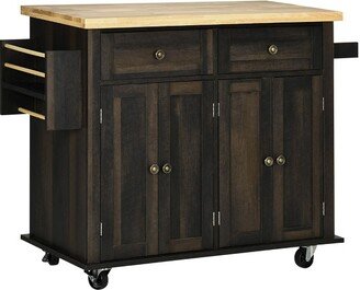 HOMCOM Kitchen Island on Wheels, Rolling Cart with Rubber Wood Top, Spice Rack, Towel Rack & Drawers for Dining Room, Brown Oak