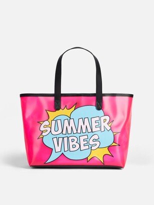 Pink Transparent Pvc Beach Bag With Summer Vibes Print