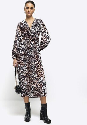 Womens Black Animal Print Knot Swing Midi Dress