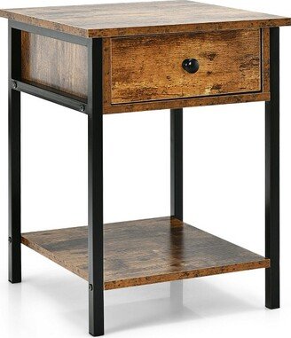 Industrial End Side Table Nightstand with Drawer Shelf Rustic Brown