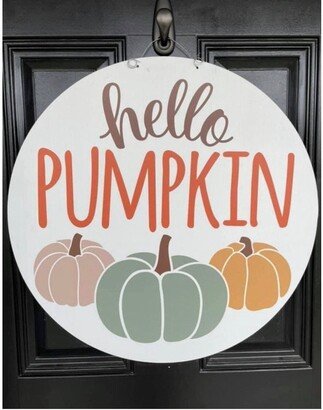 Hello Farmhouse Pumpkin Door Hanger // Fall Wreath Painted Wooden-AA