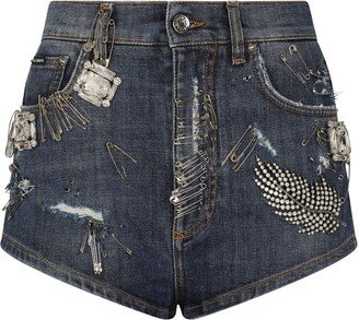 Safety Pin-Embellished Denim Shorts