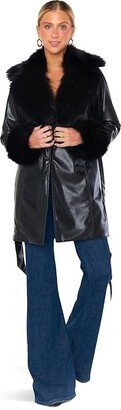 Penny Lane Coat (Black Faux Leather/Faux Fur) Women's Clothing