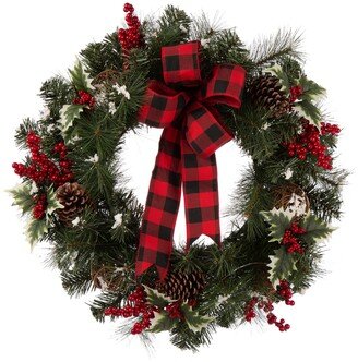 Led Pre-Lit Greenery Buffalo Bow Berry Holly Pine Cone Rattan Ornament Wreath