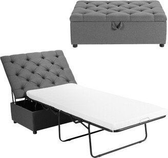 Folding Ottoman Sleeper Bed with Mattress Convertible Guest Bed Grey