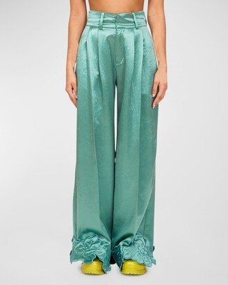 Ribbit Satin Floral Embroidered Wide-Leg Pants