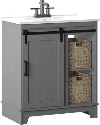 36 Sliding Barn Door Single Bathroom Vanity with Woven Baskets