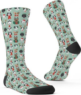 Socks: Christmas Holiday Puppy Dogs - Green Custom Socks, Green