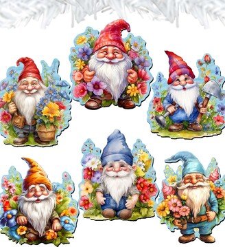 Holiday Wooden Clip-On Ornaments Garden Gnomes Set of 6 G. DeBrekht