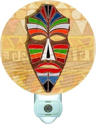 African Mask On Tan Decorative Round Night Light With Sensor