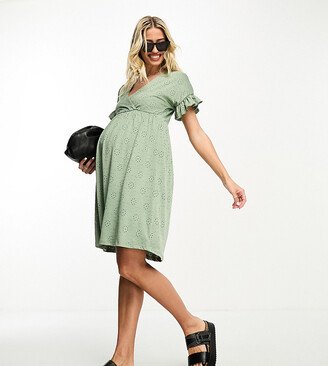 Mama.Licious Maternity broderie mini dress with frill sleeve in sage