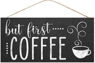 Wooden But First.. Coffee Door Wreath Sign Black White - 12.5 Inches X 6 Ap8737, Centerpiece