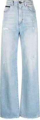 Logo-Patch Ripped Wide-Leg Jeans