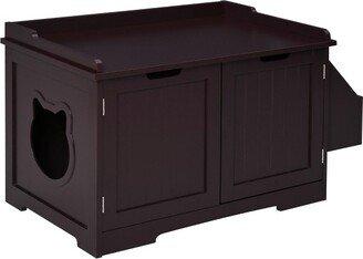 Wooden Cat Litter Box Enclosure Kitten House with Nightstand End Table and Storage Rack Magnetic Doors, Brown