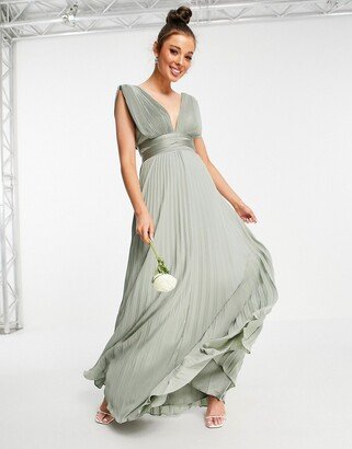 Bridesmaid pleated cami maxi dress with satin wrap waist in olive