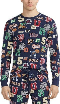 Printed Waffle Long Sleeve Crew with All Over Print (Cruise Navy Letterman Toss Print) Men's Pajama