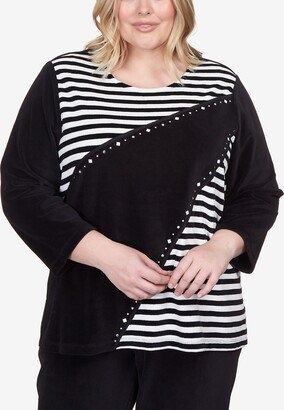 Plus Size Drama Queen Velour Spliced Stripe 3/4 Sleeve Top