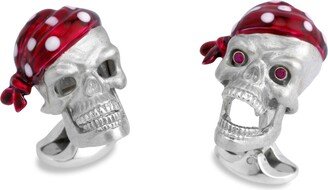 Sterling Silver Skull Cufflinks With Red Bandana And Ruby Eyes