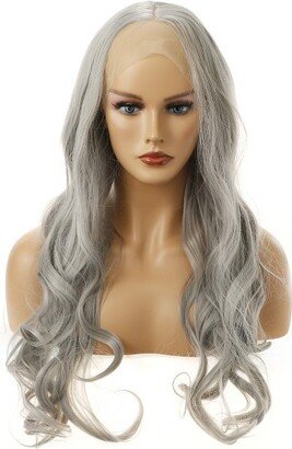 Unique Bargains Long Body Wave Lace Front Wigs Costume Wig with Wig Cap 24 Gray 1PC