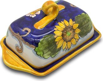 Italian Ceramic Butter Dish With Lid Lemon Blue - Hand Painted Keeper Made in Italy Pottery Holder Covers